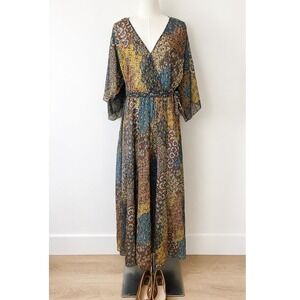 kate and lily floral maxi dress colored floral design short sleeves side zipper closure lace up tie detail on back 100% polyester Long dresses KATE and LILY